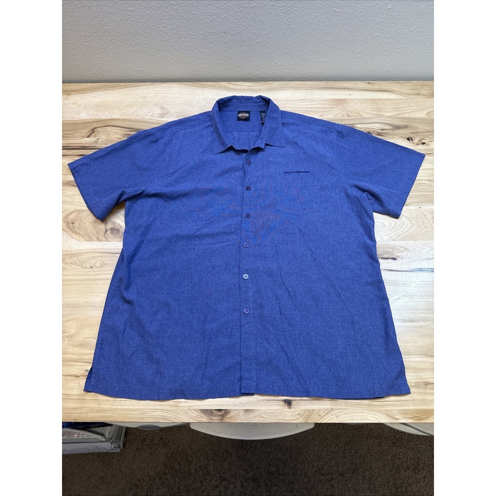 Harley Davidson Mens 3XL Motorcycle Hawaiian Camp Shirt Blue Embroidered